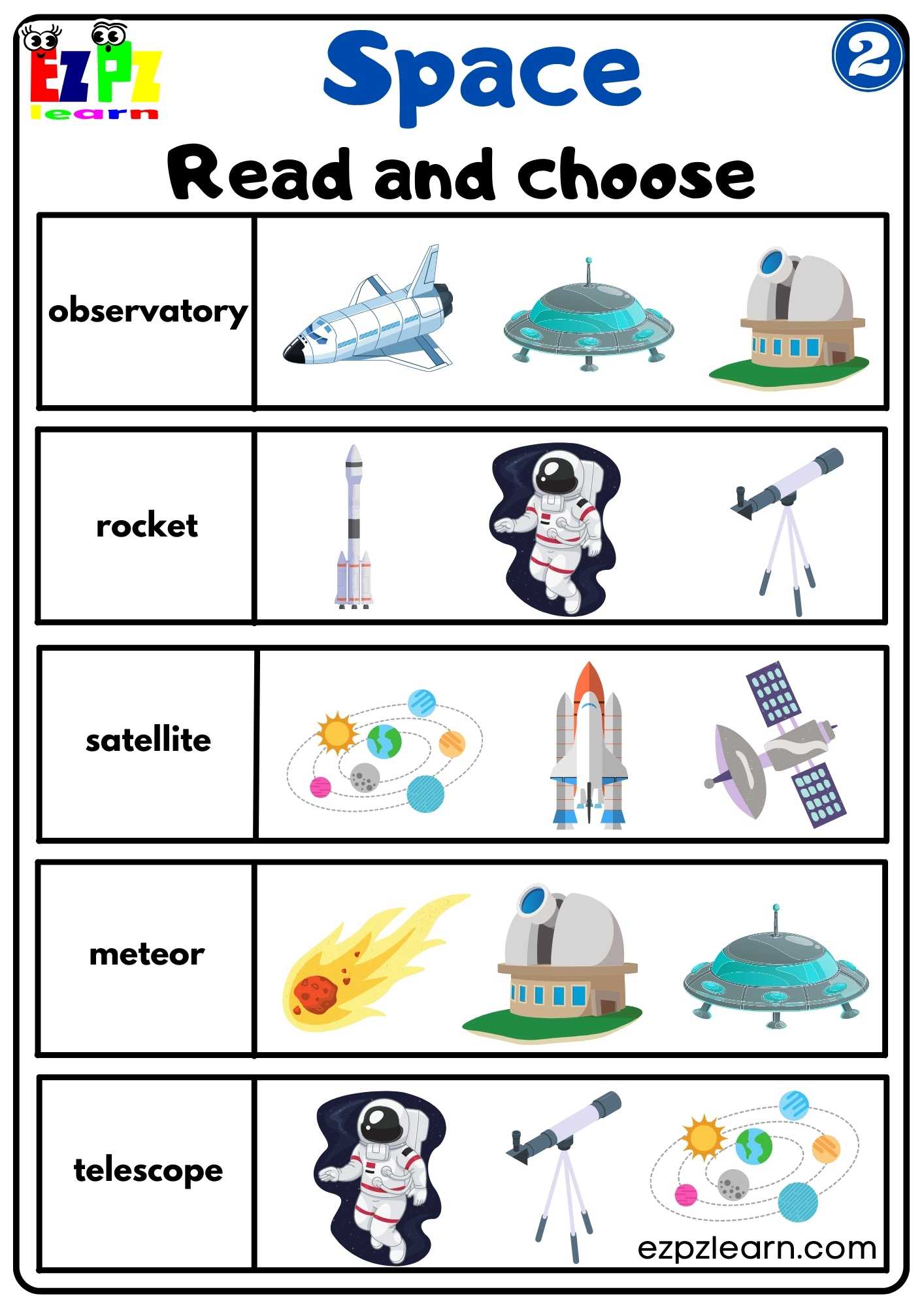 Space Read and Choose Worksheet Number 2